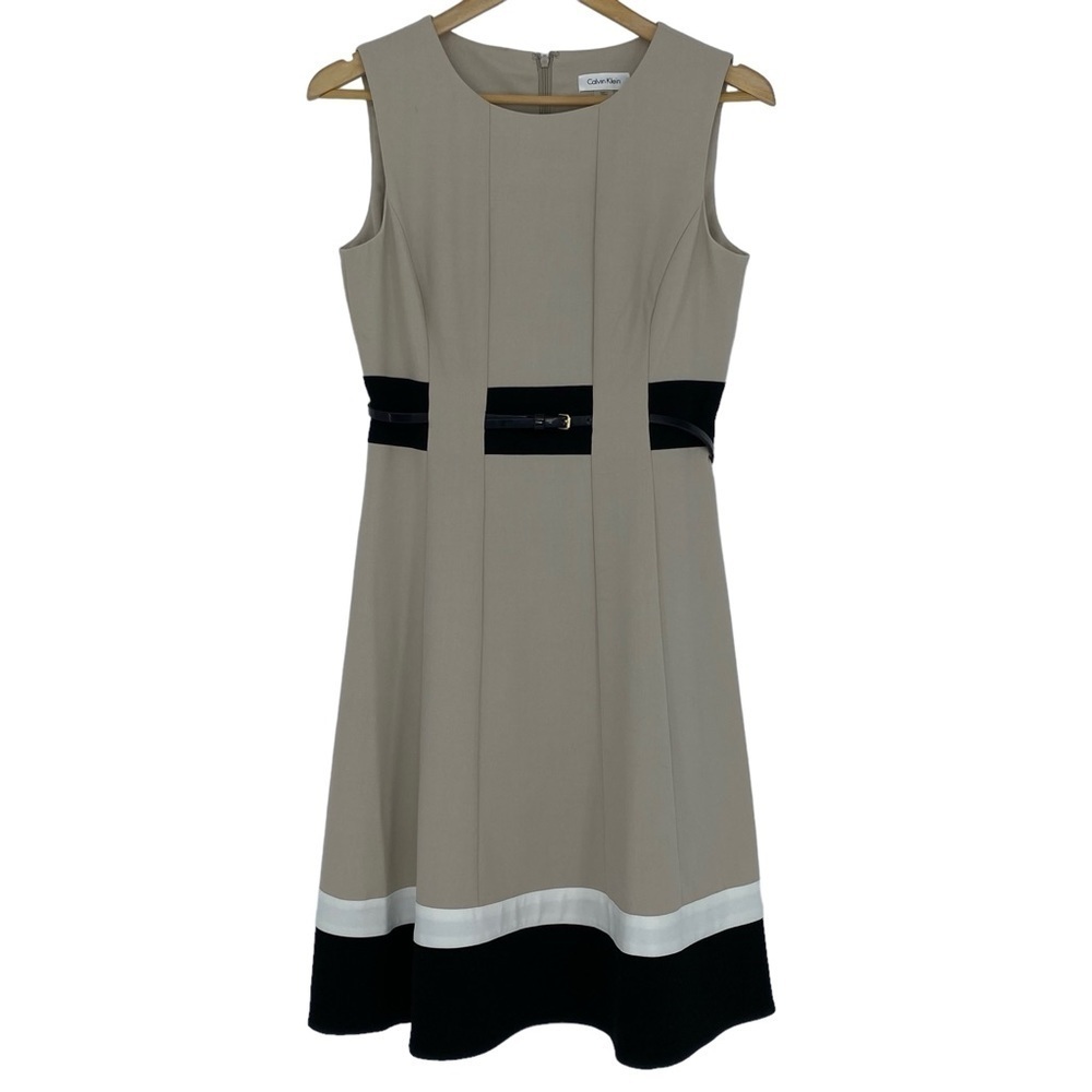 Calvin Klein tan a-line dress with black & white striped detail wms sz 4